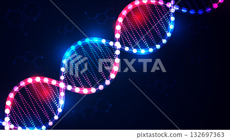 Abstract Digital Network Background with Glowing DNA and Hexagon Structure. 132697363