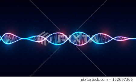 Abstract Digital Network Background with Glowing DNA and Hexagon Structure. 132697366