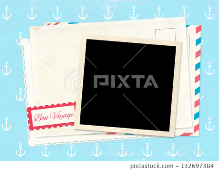 Horizontal background with retro photo, postcard on vintage paper of blue color. Inscription Bon Voyage - Have a nice trip, in French. Topic of travel, trip abroad on vacation, cruises and tours Horizontal background with retro photo, postcard on vintage paper of blue color. Inscription Bon Voyage - Have a nice trip, in French. Topic of travel, trip abroad on vacation, cruises and tours 132697384