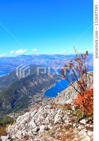 Aerial view of picturesque Bay of Kotor. Top view on famous Boka Kotor bay, Montenegro. Beautiful autumn season scenic. Gulf of Kotor Montenegro, view from Mount Lovcen Aerial view of picturesque Bay of Kotor. Top view on famous Boka Kotor bay, Montenegro. Beautiful autumn season scenic. Gulf of Kotor Montenegro, view from Mount Lovcen 132697395
