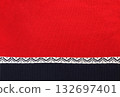 Horizontal or vertical Christmas background with knitted fabric. Wool sweater texture of red, dark blue color with white border. Natural knitted wool indigo and red color material with white ornament 132697401