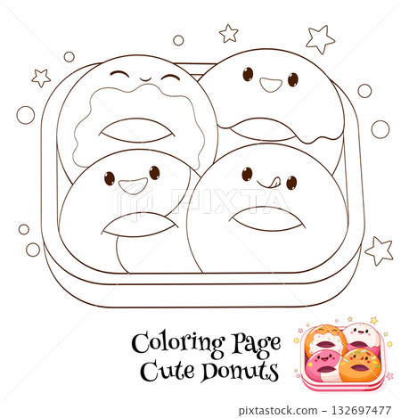 Vector coloring page with box and cute donuts in kawaii style. Lunchbox set of donut with smiling faces. Antistress coloring book for children. Child anti stress coloring book page 132697477