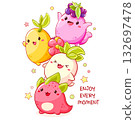 Stack of kawaii characters. Cute little monsters fooling around. Pile of Funny happy baby monsters. Can be used for t-shirt print, sticker, greeting card, menu design. Vector illustration EPS8 132697478