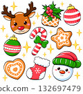 Vector Merry Christmas collection cute snowman, gingerbread cookies, Christmas tree ball, deer in kawaii style. Can be used for winter xmas holiday tag, label, t-shirt print, sticker, card, badge 132697479