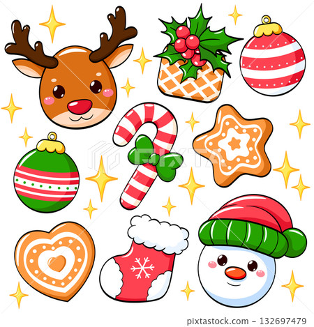 Vector Merry Christmas collection cute snowman, gingerbread cookies, Christmas tree ball, deer in kawaii style. Can be used for winter xmas holiday tag, label, t-shirt print, sticker, card, badge 132697479