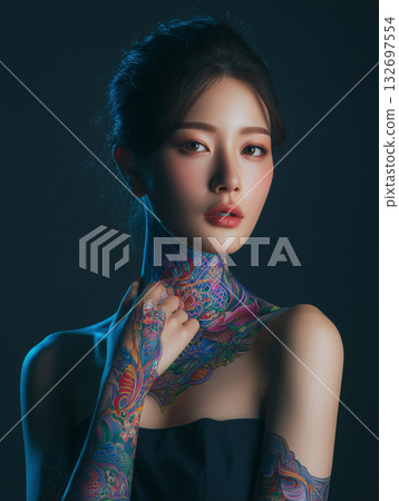 Elegant korean woman showcasing colorful tattoos in a dark studio setting 132697554