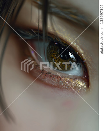 Close-up of a beautiful Korean eye showcasing sparkly makeup and lush eyelashes in soft natural lighting 132697595