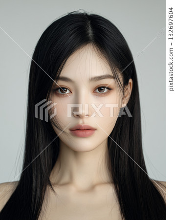 Korean woman with long black hair poses against a light background showcasing natural beauty and serene expression 132697604
