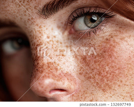 Woman's face with freckles and green eye staring Woman's face with freckles and green eye staring 132697749