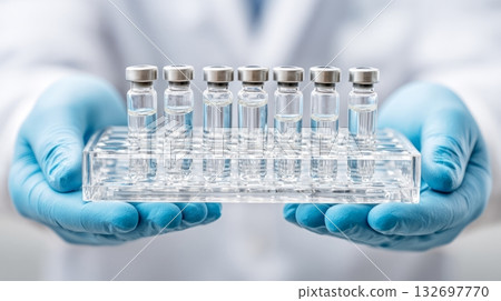 Scientist hands holding vaccine vials for clinical trials Scientist hands holding vaccine vials for clinical trials 132697770