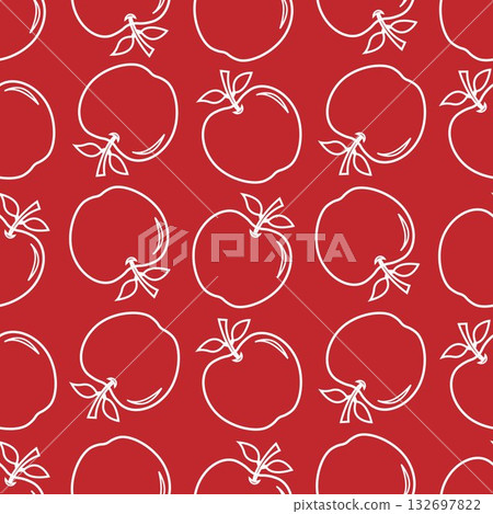 Seamless pattern of white outline of red apples and its green leaves on red background, vector illustration doodle design on white background. Seamless pattern of white outline of red apples and its green leaves on red background, vector illustration doodle design on white background. 132697822