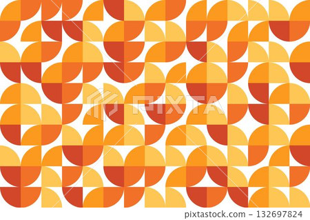 Arrangement of quarter circle pieces in red, orange and yellow colors on white background. Abstract geometric pattern background. Arrangement of quarter circle pieces in red, orange and yellow colors on white background. Abstract geometric pattern background. 132697824