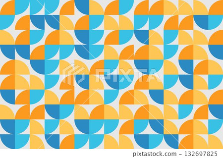 Arrangement of quarter circle pieces in blue orange and yellow colors. Abstract geometric pattern background. Arrangement of quarter circle pieces in blue orange and yellow colors. Abstract geometric pattern background. 132697825