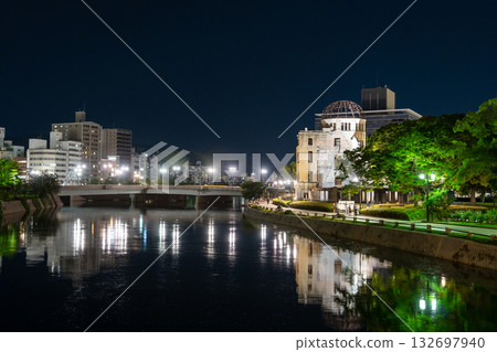 Genbaku Dome illuminated at night in Hiroshima Peace Memorial Park, Japan Genbaku Dome illuminated at night in Hiroshima Peace Memorial Park, Japan 132697940