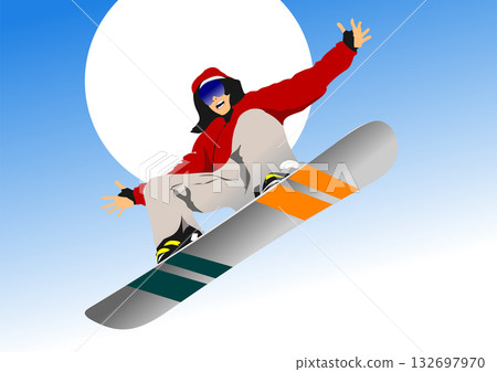 Snowboarder is making a jump with the blue sky as background 132697970