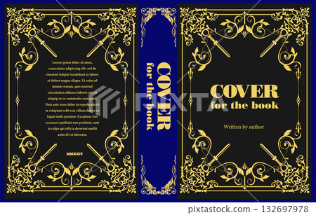 Elegant book cover design showcasing golden swords and intricate flourishes on a black and blue background 132697978