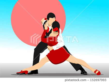 Couple of dancers performing tango routine wearing elegant stage costumes 132697993