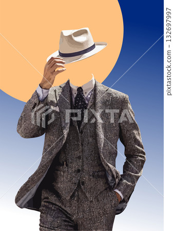 Elegant businessman in a suit and hat is adjusting his hat with his hand in his pocket 132697997