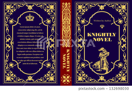 Book cover design featuring a knight holding a sword, set against a backdrop of ornate golden medieval design elements 132698030