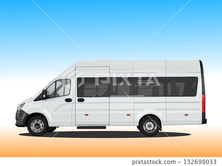 White minibus standing on the road against a blue sky with clouds, public transport, passenger transportation, comfortable and safe travel White minibus standing on the road against a blue sky with clouds, public transport, passenger transportation, comfortable and safe travel 132698033