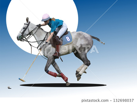 Female polo player is leaning forward on a gray horse swinging her mallet to hit the ball during a polo match Female polo player is leaning forward on a gray horse swinging her mallet to hit the ball during a polo match 132698037