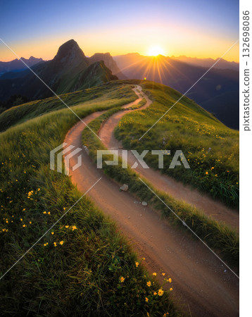 Winding Path Through Vibrant Grasslands at Sunset Near Mountain Peak 132698086