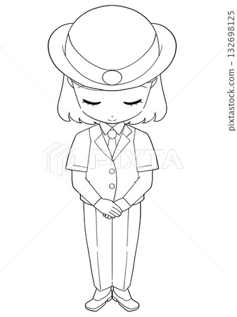 Black and white illustration of a female station attendant bowing 132698125