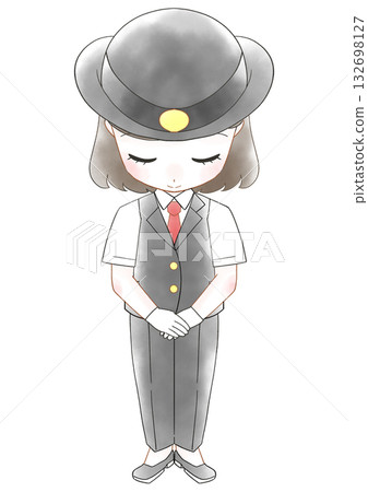 Watercolor illustration of a female station attendant bowing 132698127