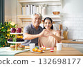 Asia happy senior elderly couple hugging and embrace at kitchen room 132698177