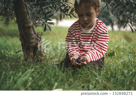 Child boy Under Olive Tree. Childhood in Nature 132698271