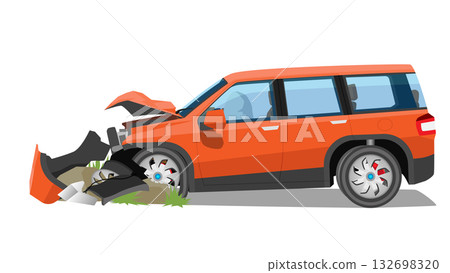 Red car accident hit a large rock. Front was severely damaged, the bumper was broken and the hood was broken. Alloy wheels and tires are torn. Airbag deployed behind the steering wheel. Red car accident hit a large rock. Front was severely damaged, the bumper was broken and the hood was broken. Alloy wheels and tires are torn. Airbag deployed behind the steering wheel. 132698320