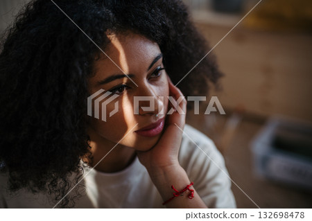 Beautiful depressed woman at home, portrait. Beautiful depressed woman at home, portrait. 132698478