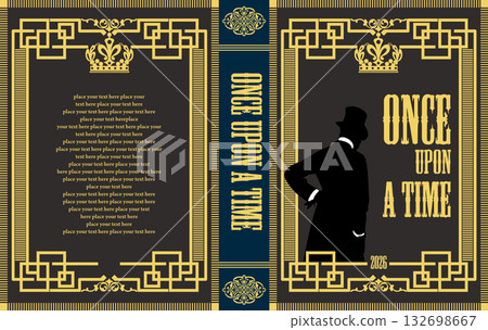 Book cover design featuring a gentleman's silhouette with top hat, crown, and elegant frame, perfect for vintage or classic themes 132698667