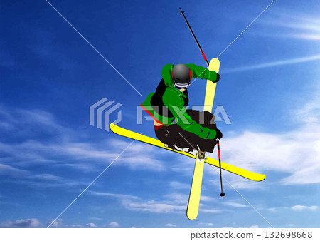 Professional skier making a daring jump with yellow skis, showcasing skill and athleticism against a vibrant blue sky 132698668