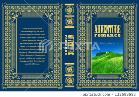 Book cover design showcasing an ornate gold frame on a blue background, with a serene green hill landscape and a small white building 132698688