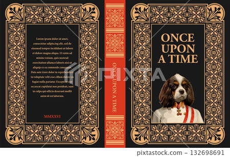 Antique book cover design featuring cavalier king charles spaniel wearing royal clothes, perfect for fairy tales and vintage projects 132698691