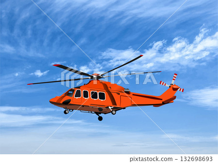 Orange rescue helicopter flying in a blue sky with some clouds 132698693
