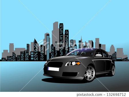 Black sedan parked against backdrop of city skyline at dusk, conveying urban sophistication and automotive elegance Black sedan parked against backdrop of city skyline at dusk, conveying urban sophistication and automotive elegance 132698712