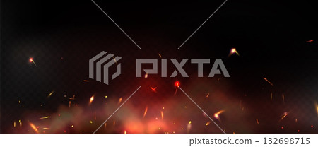 Orange fire sparks and smoke glowing on dark Orange fire sparks and smoke glowing on dark 132698715