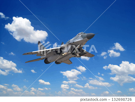 Fighter jet flying high against a backdrop of blue sky and white clouds Fighter jet flying high against a backdrop of blue sky and white clouds 132698726
