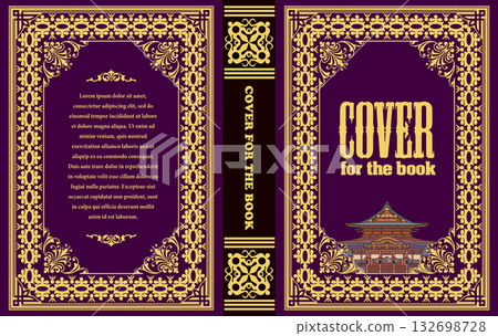 Elegant book cover design with gold border, purple background, and a japanese temple illustration, perfect for literature and cultural publications 132698728
