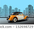 Classic convertible car parked in front of a stylized cityscape, evoking a sense of timeless elegance and urban sophistication 132698729