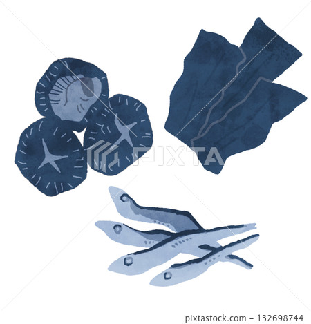 Illustration of shiitake mushrooms, kelp, and dried sardines used to make Japanese dashi soup. 132698744