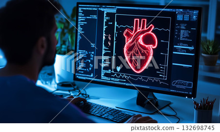 Doctor with heart disease model in computer Doctor with heart disease model in computer 132698745
