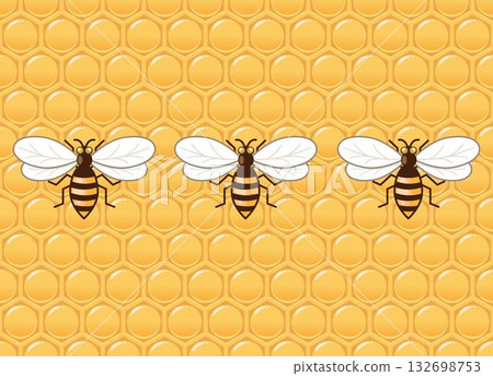 Three honey bees on a honeycomb background. Honeycomb is a structure of hexagonal wax cells built by honey bees to store honey and pollen, and to raise their young bees.  132698753