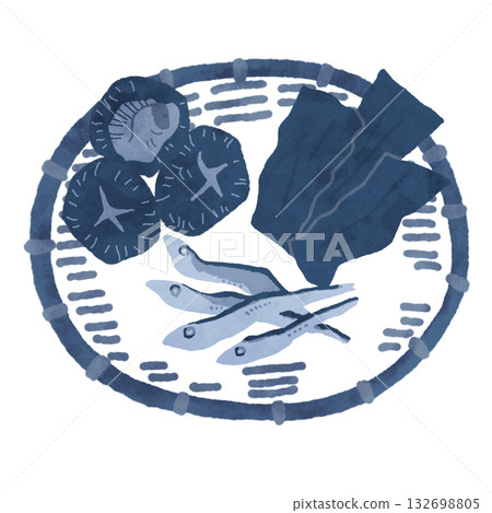 This is an illustration of shiitake mushrooms, kelp, and dried sardines placed on a colander. This is an illustration of shiitake mushrooms, kelp, and dried sardines placed on a colander. 132698805