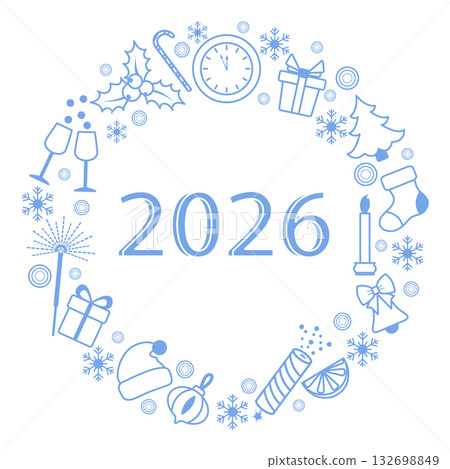 New year 2026 festive wreath with holiday icons and elements in blue design style New year 2026 festive wreath with holiday icons and elements in blue design style 132698849