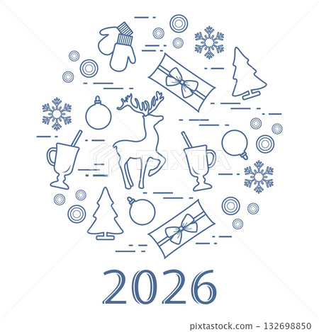 Christmas 2026 illustration with reindeer, gifts, trees, mugs, and mittens on white background Christmas 2026 illustration with reindeer, gifts, trees, mugs, and mittens on white background 132698850