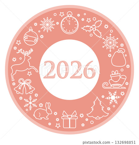 New Year 2026 design featuring festive icons like snowflakes and gifts in a circular layout New Year 2026 design featuring festive icons like snowflakes and gifts in a circular layout 132698851