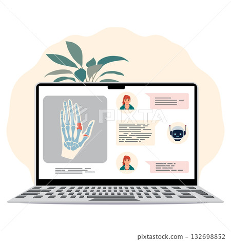 Online medical consultation concept with x-ray and chat on laptop screen Online medical consultation concept with x-ray and chat on laptop screen 132698852